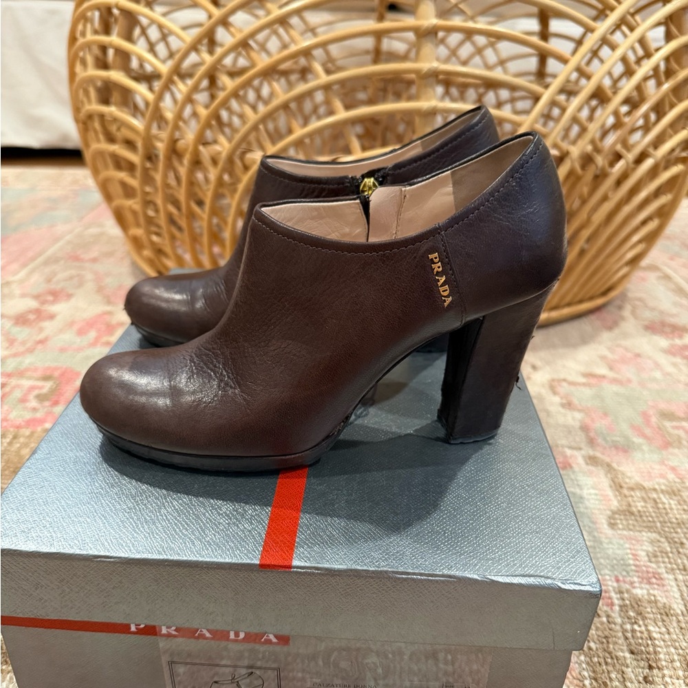 Prada Women's Dark Brown Leather Heeled Boots